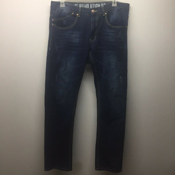 1688 Revolution Jeans Factory Distressed Color Blue Dark Wash Mens Size 38x32 - Picture 5 of 6